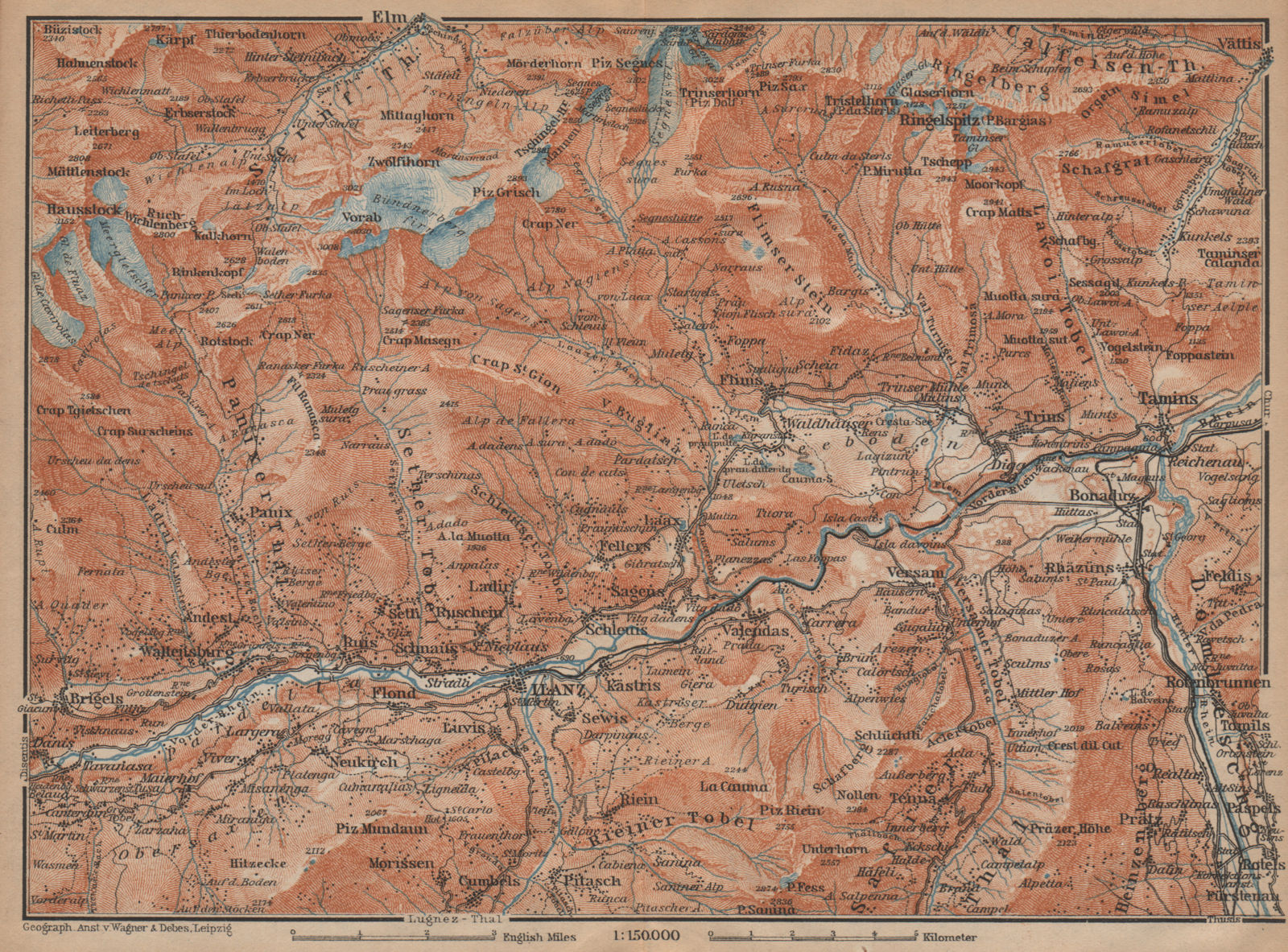 ILANZ & FLIMS AREA. Laax Obersaxen Mundaun Brigels Waltensburg Tamins 1907 map